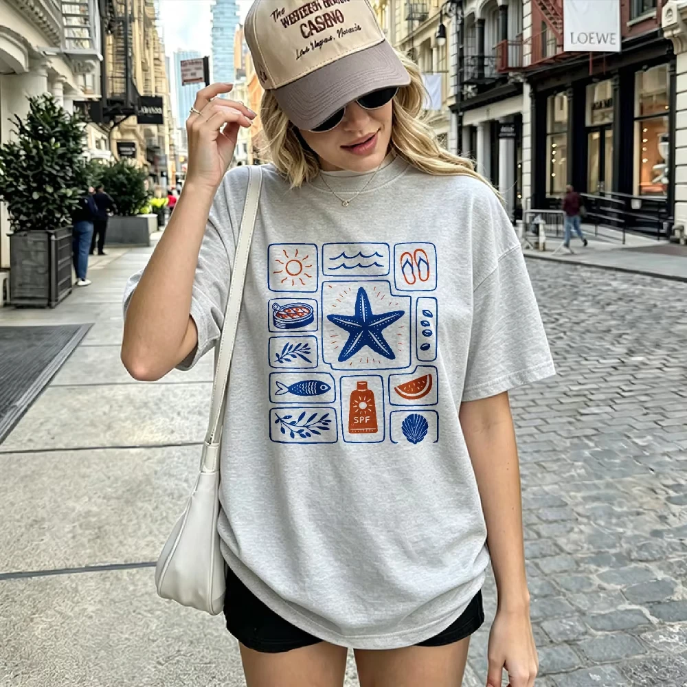 Crewneck Graphic Cotton Tee with Grid Pattern Beach Icons Starfish Sun Waves Flip Flops Seafood SPF Bottle Watermelon Shell L