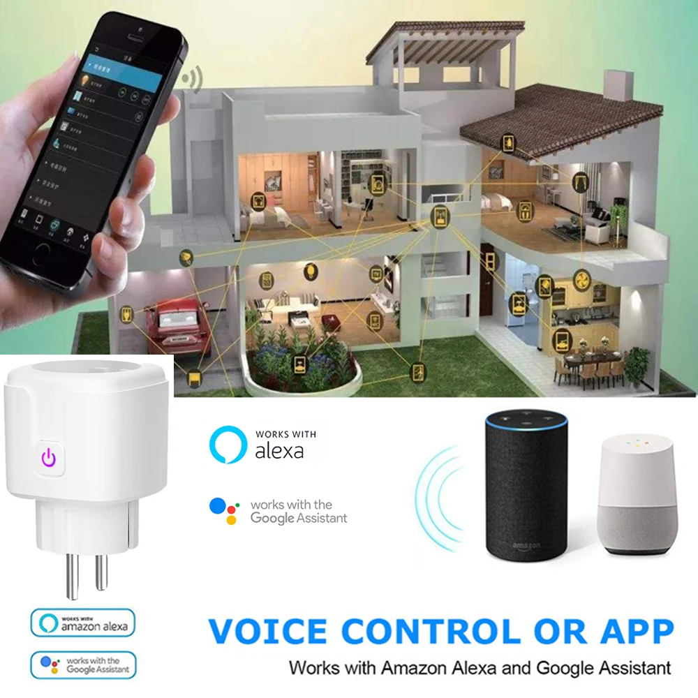 Prise de courant intelligente WiFi avec moniteur d'énergie électrique, prise multiple UE, Tuya Andrea nous-mêmes contrôlé avec Alexa et Google Assistant, 16A