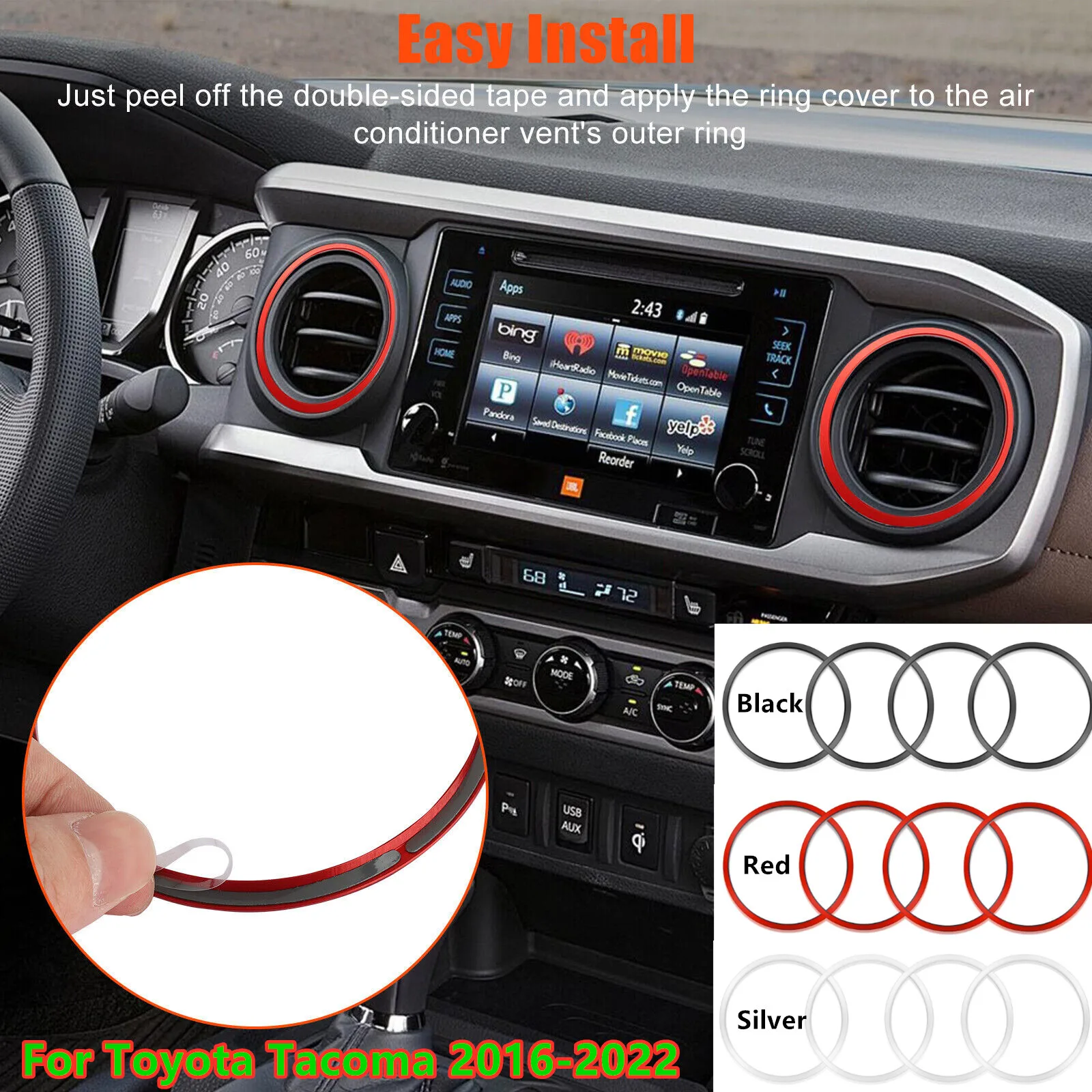 

4x Interior A/C Vent Outlet Ring Trim Cover Decor For Toyota Tacoma 2016-2022