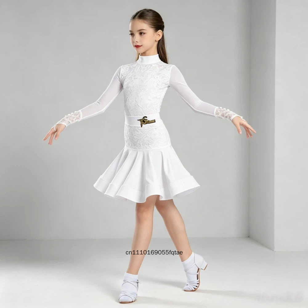 Kids Modern Dance Dress Spring Summer Standard Ballroom Dance Competition Costume Lace Long Sleeve Latin Dance Practice Wear