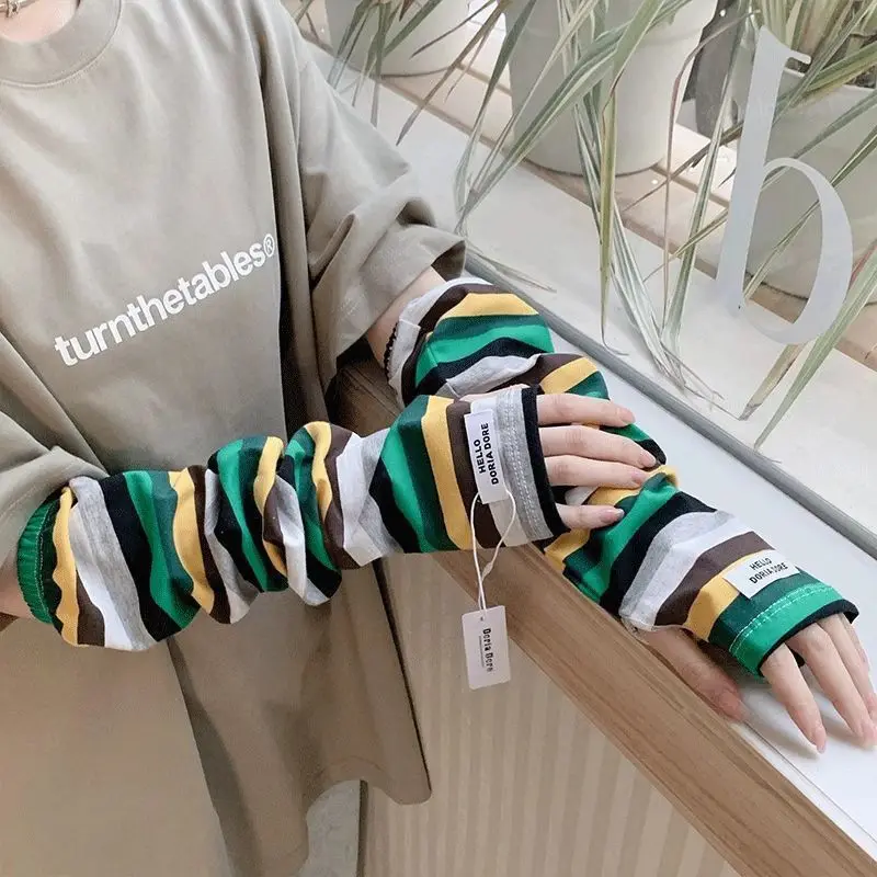 Colorful Striped Arm Sleeves Cycling Driving Sun Protection Ice Silk Shopping Cooling Loose Fit Arm Covers Women Summer Outdoor
