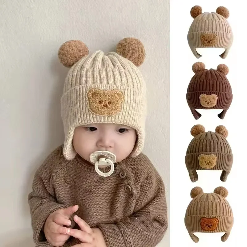 1Pc Baby wool hat cute bear ear protection hat children winter thickened warm knitted Korean version of the baby hat
