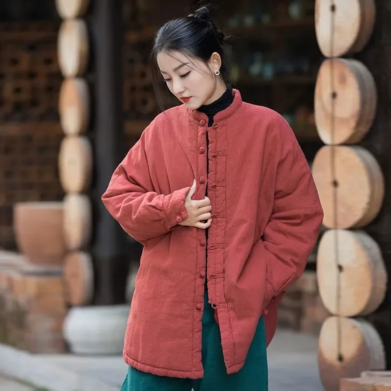 New Arrival Winter Womens Jacket Chinese Style Ramie Mid Length Cotton Coat Women Casual Warm Woman Outerwears