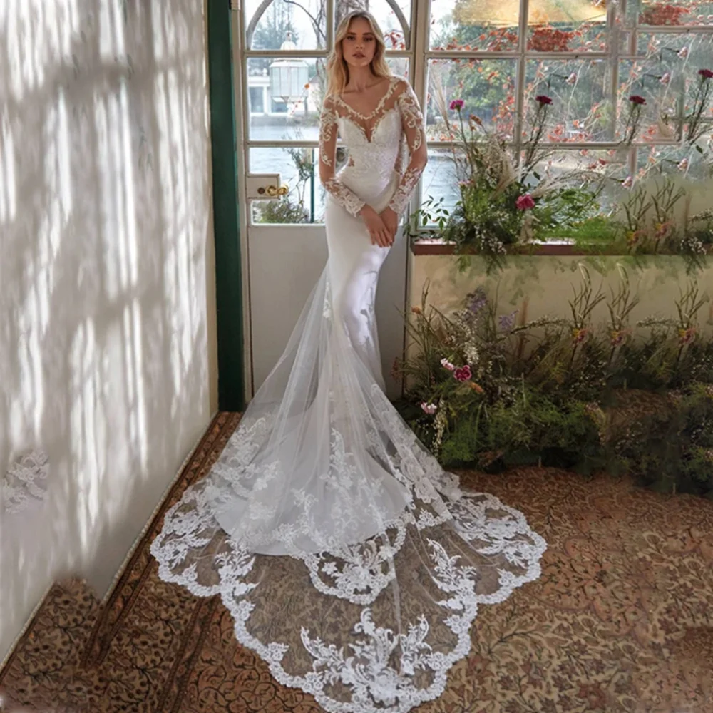 Classy Long V Neck Lace Wedding Dresses Full Sleeves with Appliques Mermaid Sweep Train Vestido Noiva Bridal Gowns