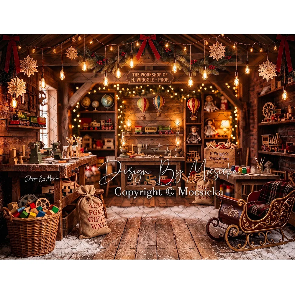 Mocsicka Santa Claus Toy Workshop Backdrop Photography Christmas Wooden Gift Cabin Light Background Winter Xmas Indoor Photo