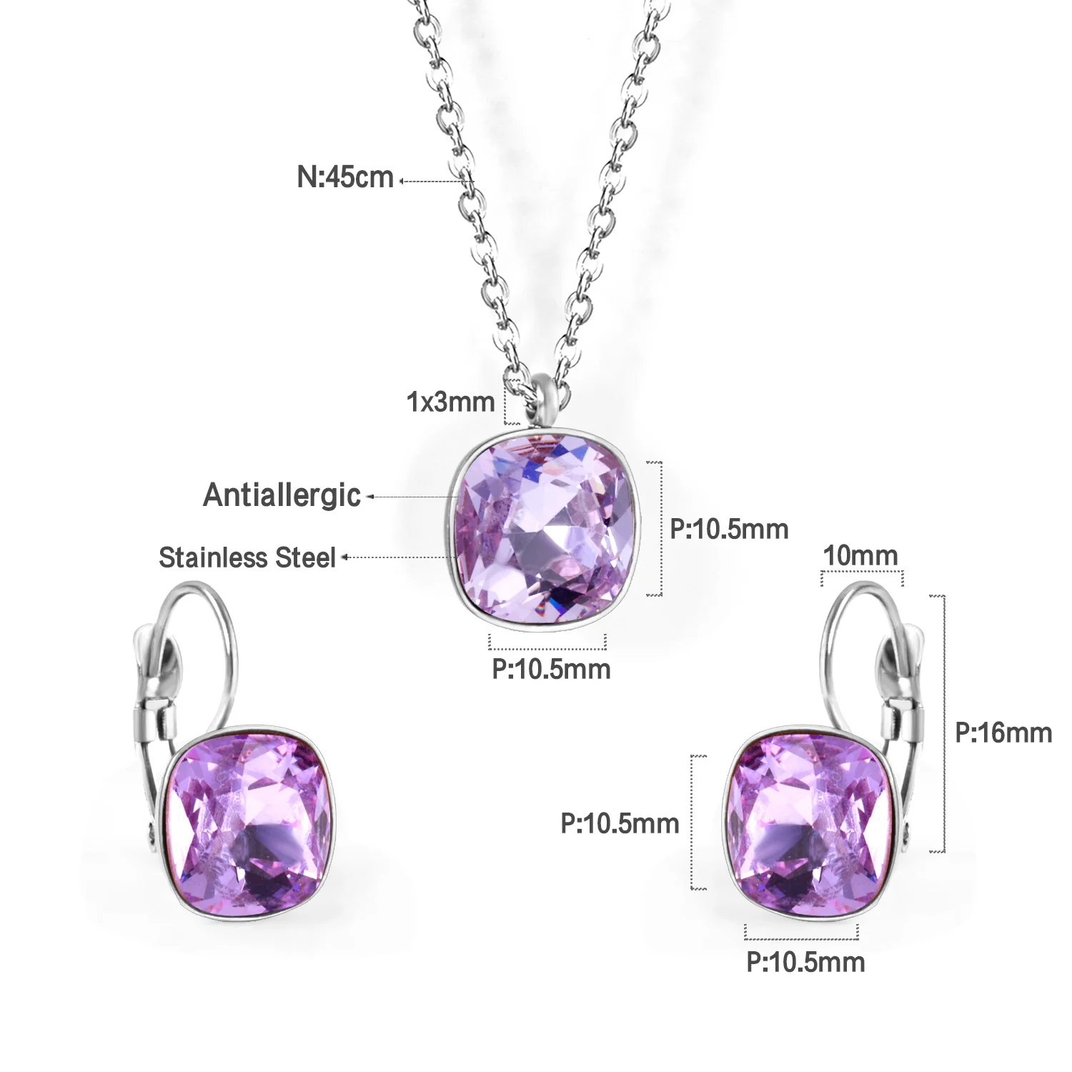 Square Zircon Necklace & Earring Set, Minimalist Elegant Jewelry