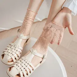 여성용 레이스 양말, 속이 빈 메쉬, 통기성, 루즈한 긴 양말, 한국 패션, 얇은 통기성, 하라주쿠, 빈티지 크루 양말, 여름