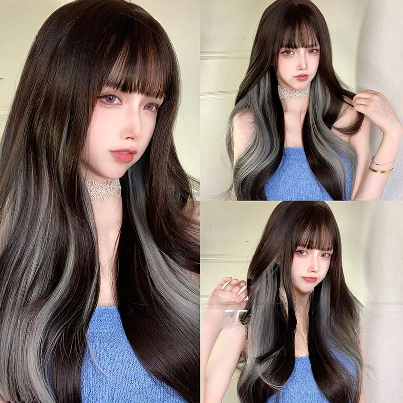 

Highlighting series new wig air bangs long hair fashionable silver gray hanging ear dye daily wear natural
