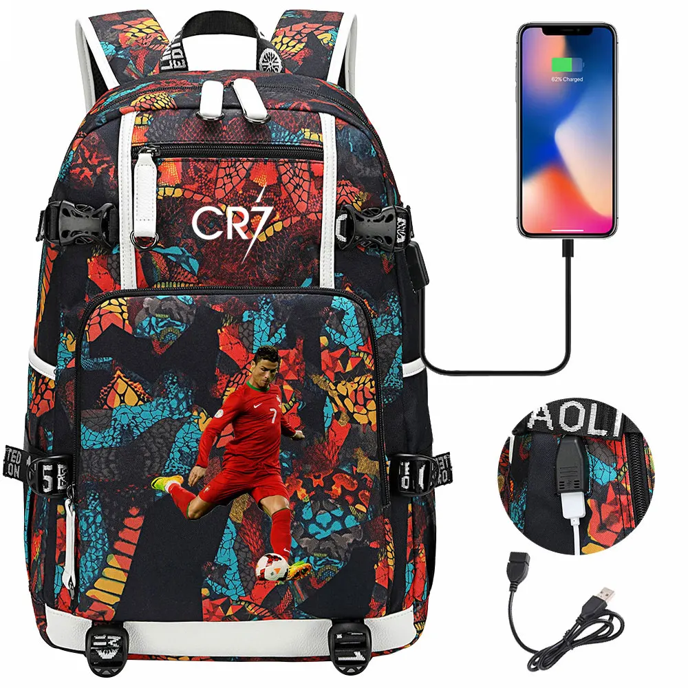 CR7 Backpack teenage Girls Boys USB port Canvas Schoolbag CR7 Students book bag Capacity Travel Mochila Infantil