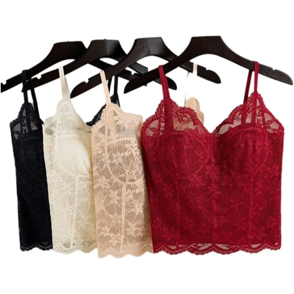 Built-In Chest Pad French Lace Camisole Beautiful Back Design Gathered Style Ice Silk Vest One-Piece Construction