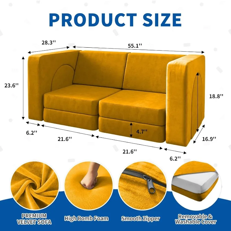 Yellow 10 in 1 Multi-functional Play Couch for Playroom Bedroom Sofa for Playing Creativing Sleeping Indoor Couch Outdoor Toys