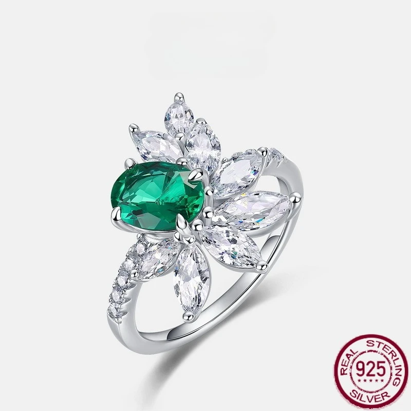

New S925 sterling silver personalized and fashionable emerald inlaid cultivated colorful treasure ring versatile wedding jewelry