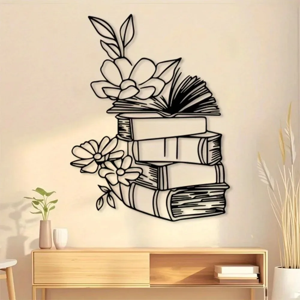 Vintage Iron Book Wall Art, Floral Sculpture for Library Living Room Office