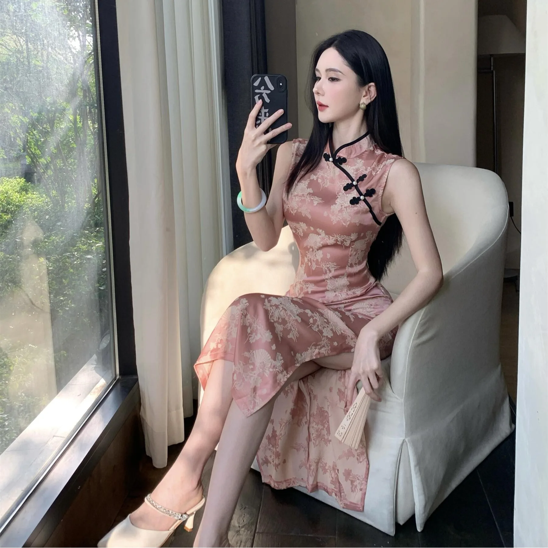 جديد الصينية Sle سليم صالح مثير Svel الأزهار التطريز الحرير الدكتور عالية الخصر منتصف طول ألف خط صورة ظلية للنساء #1