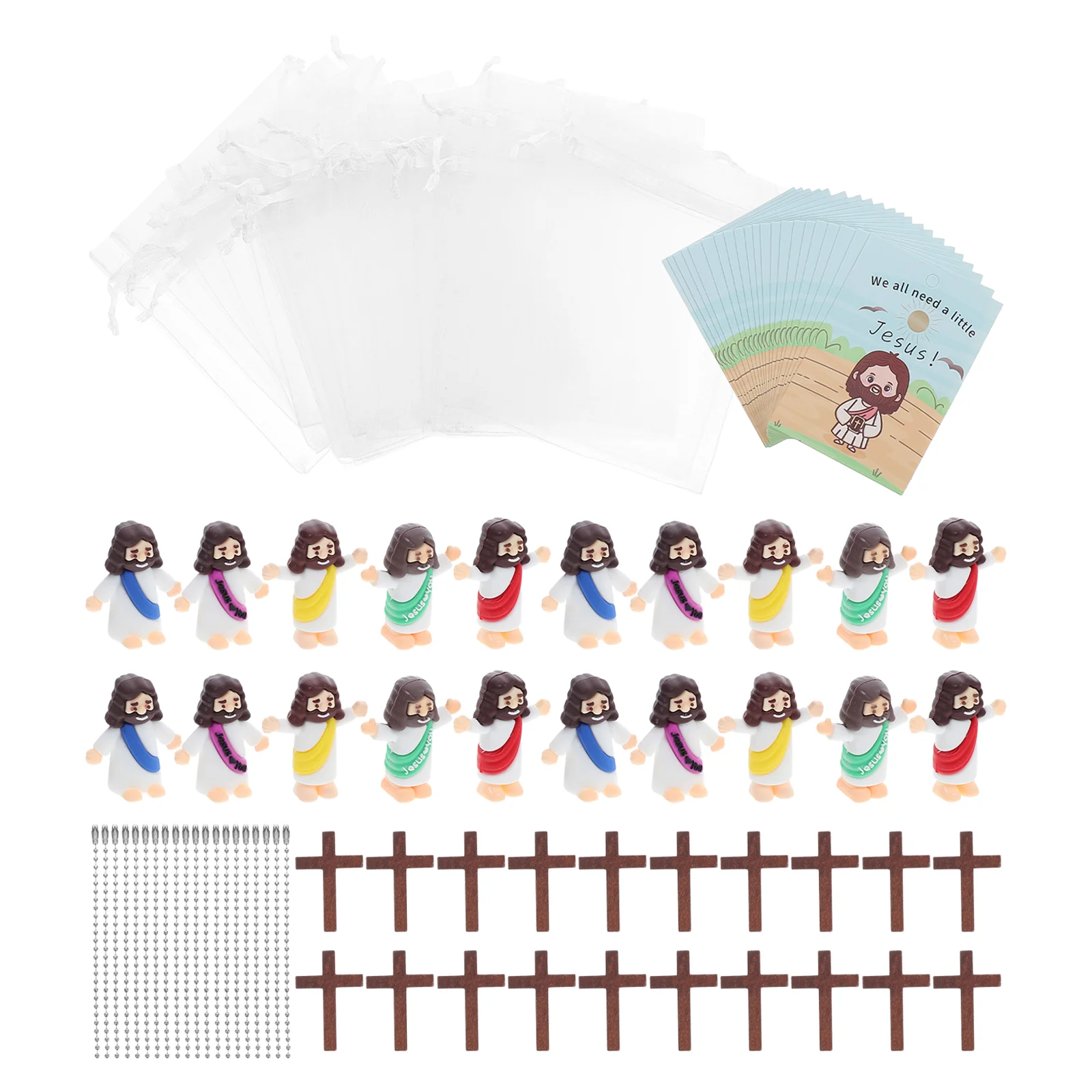 

20 Sets Little Jesus Figurines Mini Jesus Decor Wooden Cross Pendants Organza Bag Set Easter Decorations Christian Gifts Religio