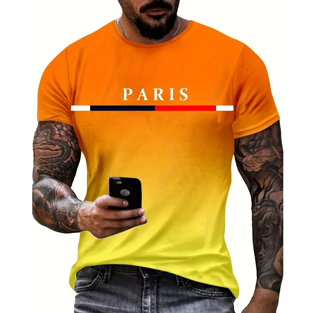 Camiseta de moda para hombre, Camisetas estampadas en 3D con gráfico de París de Color degradado, camisetas informales de manga corta, ropa de gran