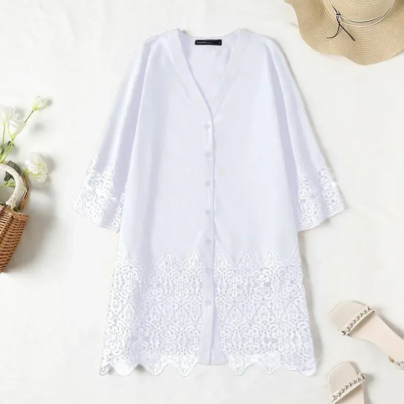 Summer New Women\'s S-3XL Shirt Dress with European and American Hollowed Out Lace Sun Protection Shirt and Beach Skirt