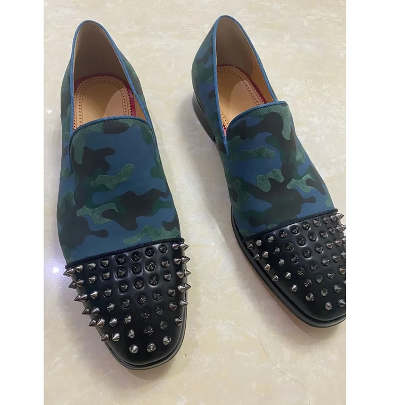 New Camouflage Color Spiked Loafers Mens Luxury Slip On Rivet Shoes Leather Casual Shoes Men Dress Shoes Handmade Party Shoes