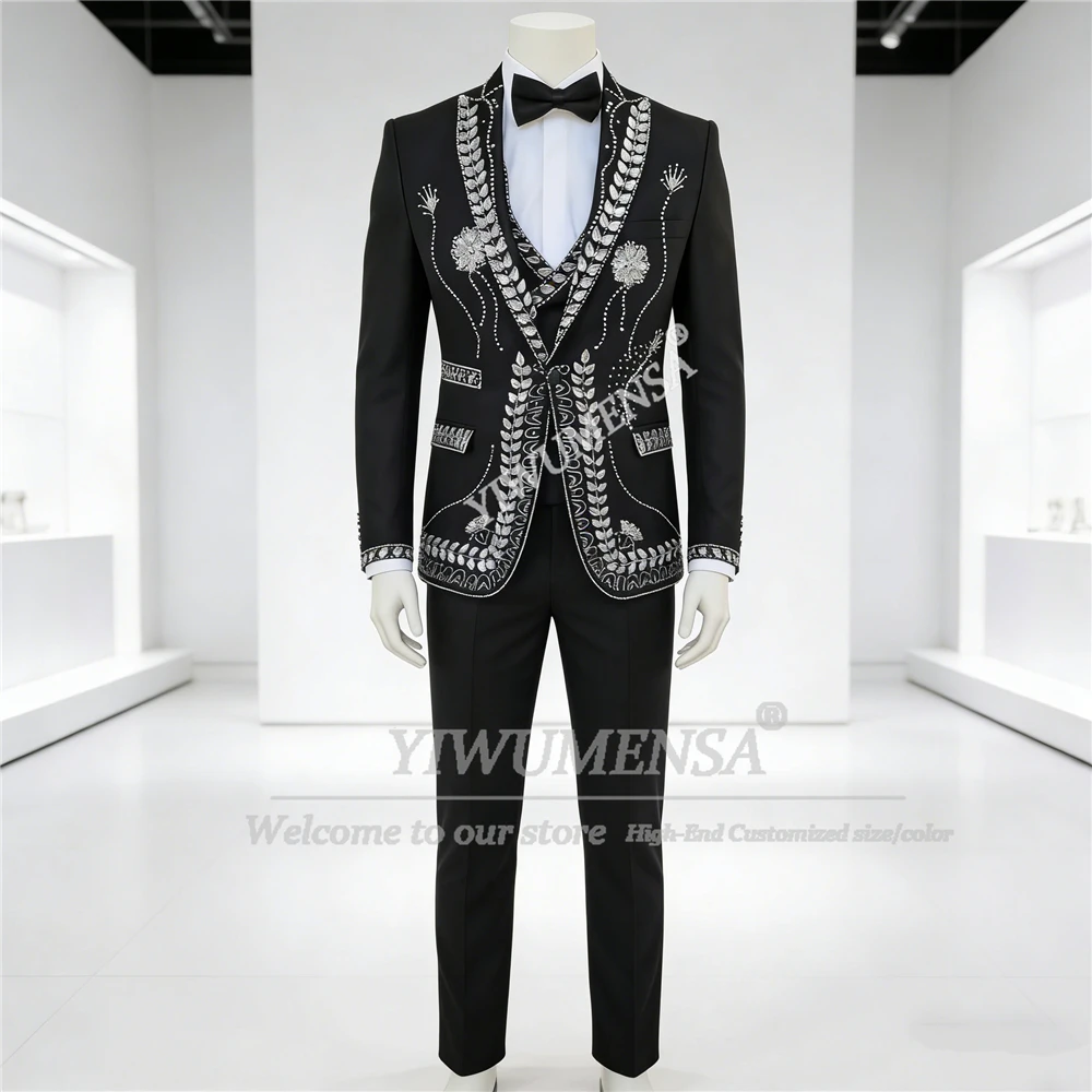 

Unique Design Beaded Crystals Men Suits Wedding Groom Tuxedos 2 Pieces Sets Male Fashion Prom Blazers Customized Costume Homme