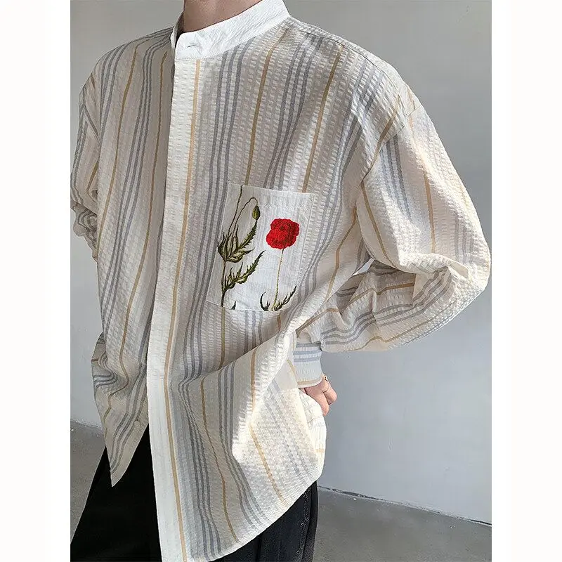

Men's Retro Foam Yarn Striped Patchwork Shirt Long Sleeved Loose Jacket High-end Top