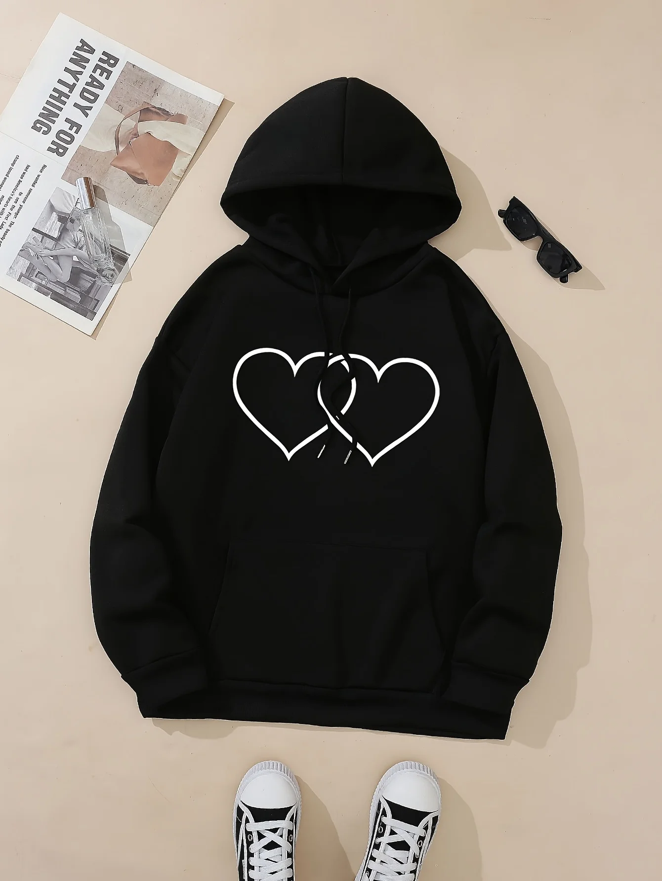 Heart Print Hoodie Casual Pocket Long Sleeve Drawstring Hoodies Sweatshirt Women\'s Clothing