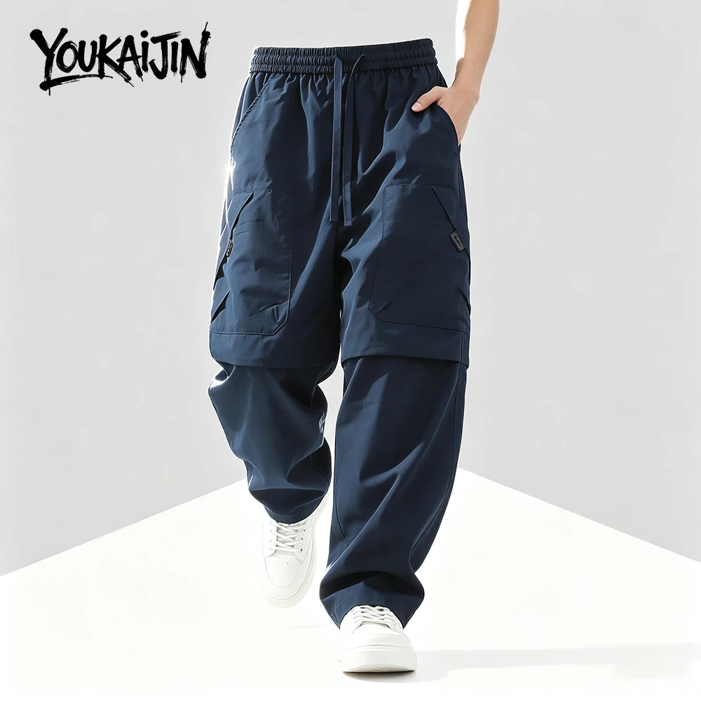 Summer Pants Men Harajuku Japanese Style Loose Casual Pants Men Solid Comfortable Elastic Waist Trouser Outdoor Walking Hiking
