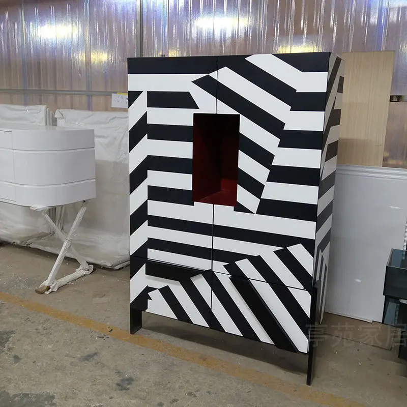 

Modern minimalist art design cabinet household black and white striped pattern red wine locker zebra texture sideboard