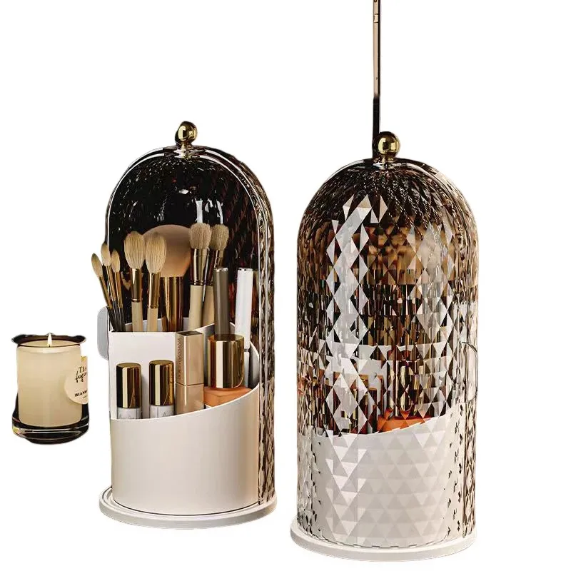 Makeup Brush Holder with Lid Diamond Birdcage 360° Rotating Makeup Organizer Dustproof Cosmetics Storage Box Lipstick Container