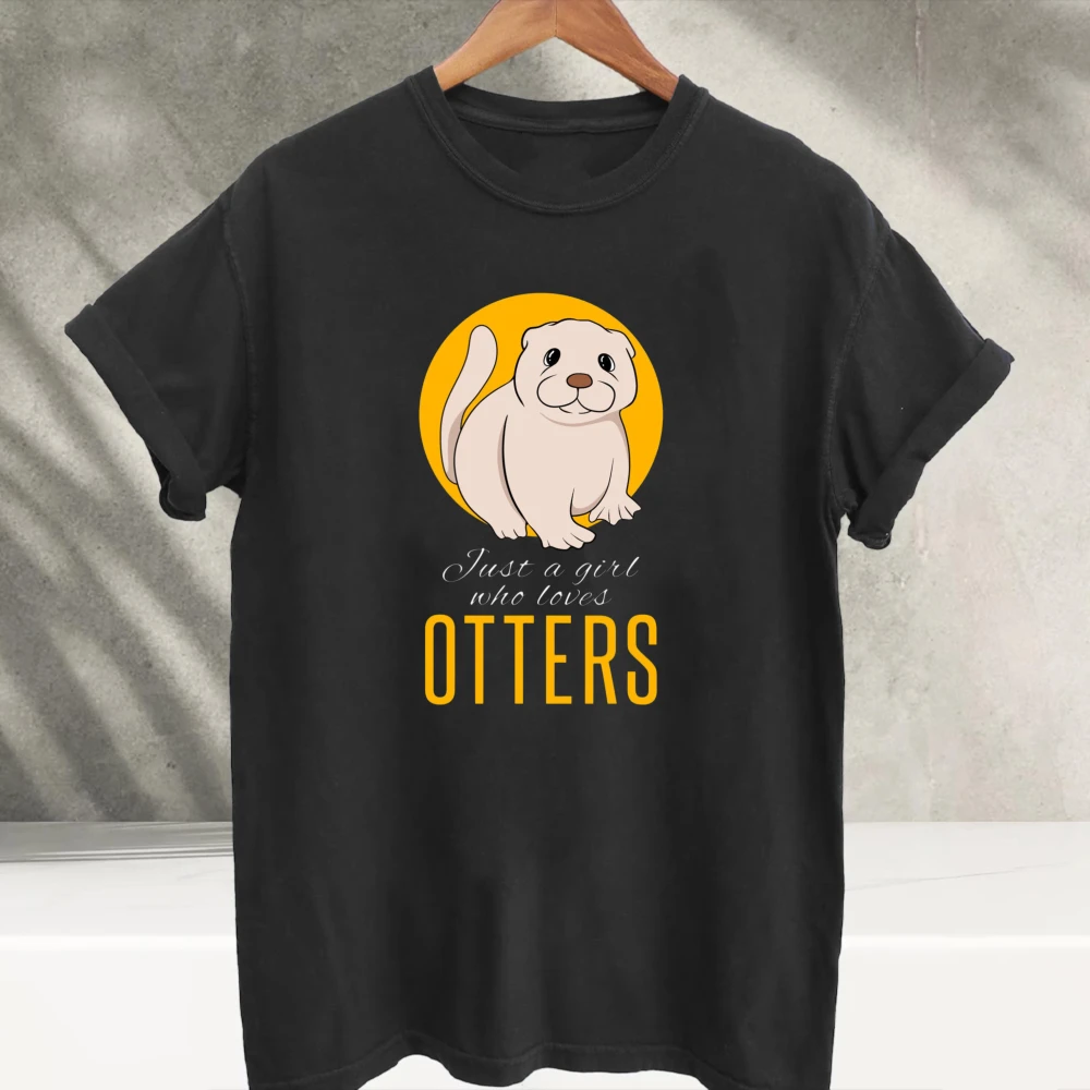 Just A Girl Who Loves Otters Cute Cartoon Otter Graphic T‑Shirt Sweet Wildlife Animal Lover Yellow Circle Art Print Cotton Tees
