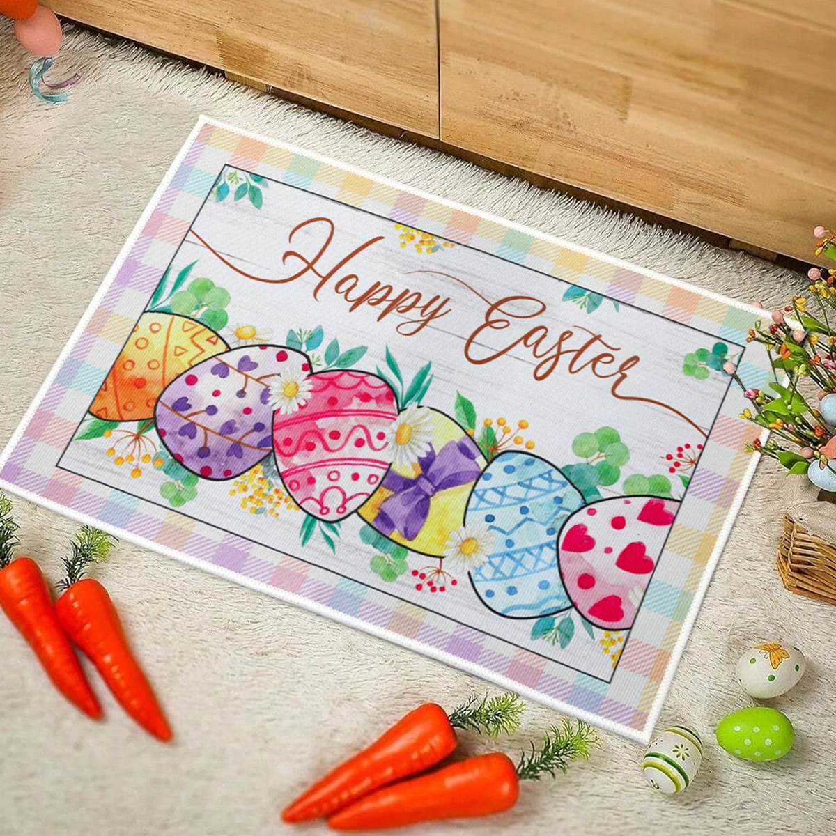 Spring Easter Doormat Happy Easter Cute Rabbit Egg Print Outdoor Entrance Bathroom Carpet Floor Mat Easter Home Decoration