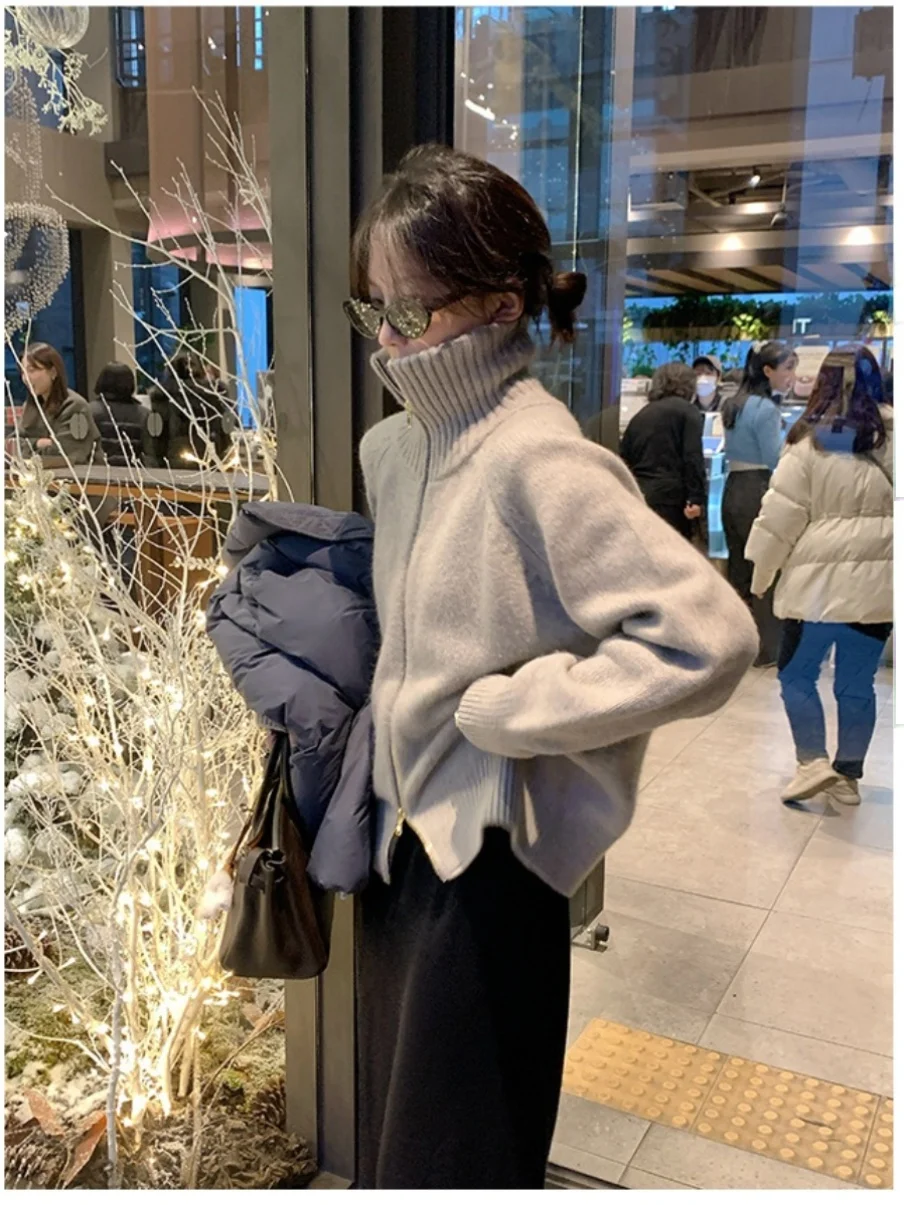 Outono e inverno novo suéter de caxemira com zíper feminino cardigan lapela suéter casaco vento preguiçoso solto.