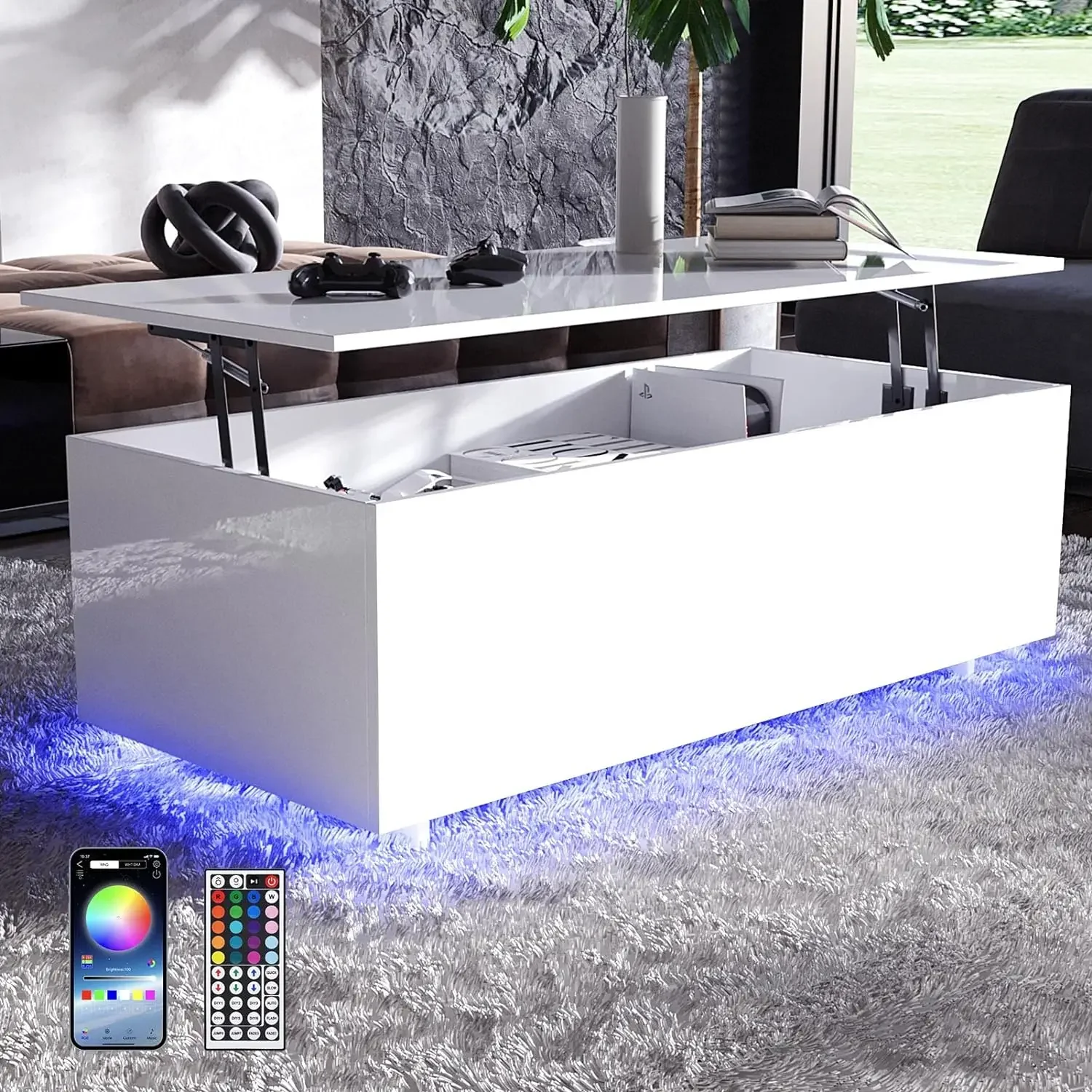 

High Gloss Lift Top Table with Led Lights, Led Coffee Table with Storage Shelf and Hidden Compartment