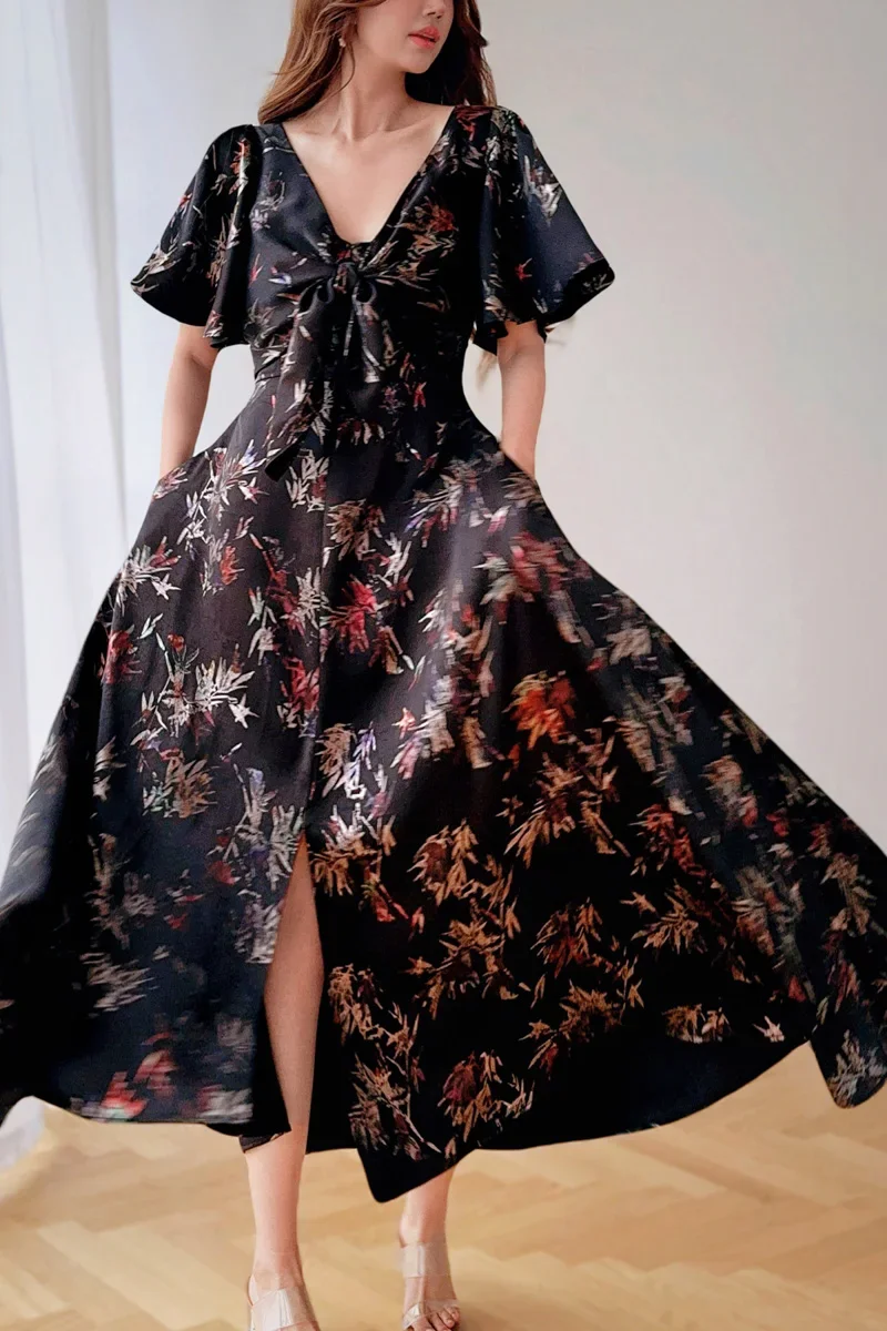 Летнее платье с принтом, женское платье с v-образным вырезом, длинное платье длиной до щиколотки, драпированная асимметричная юбка Y2K, новинка 2025, DABUWA DM2BDR012