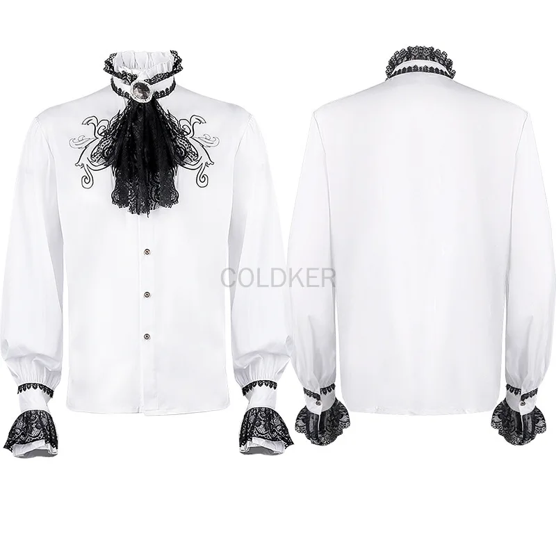 Classic Black White Collar Shirt Tie Vintage Turtlenecks Vintage Victorian Ruffles Gothic Male Blouse Tops Medieval Men\'s Shirts