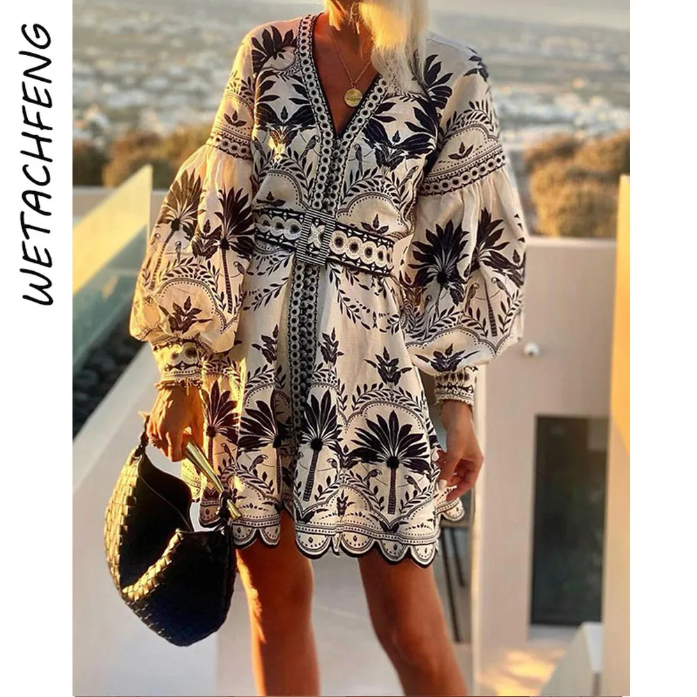 Autunno Vintage moda donna floreale foglia stampata spiaggia abito corto allentato scollo a V cintura manica lunga allentato Boho elegante vestito 2024