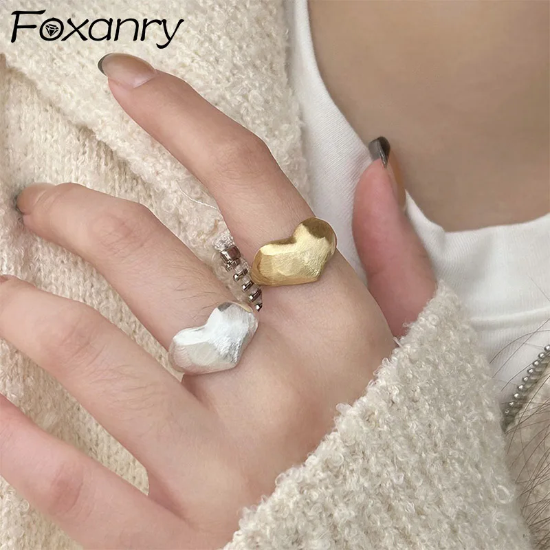 Foxanry Silver Color Minimalist Scrub Love Heart Rings For Women Couple Trendy Classic Elegant Handmade Anniversary Jewelry Gift