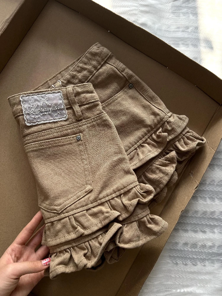 

Женские коричневые микро-шорты с низкой талией, популярные джинсовые шорты, винтажные ковбойские шорты Harajuku 2000-х годов Y2k Gyaru, летняя одежда 2000-х годов