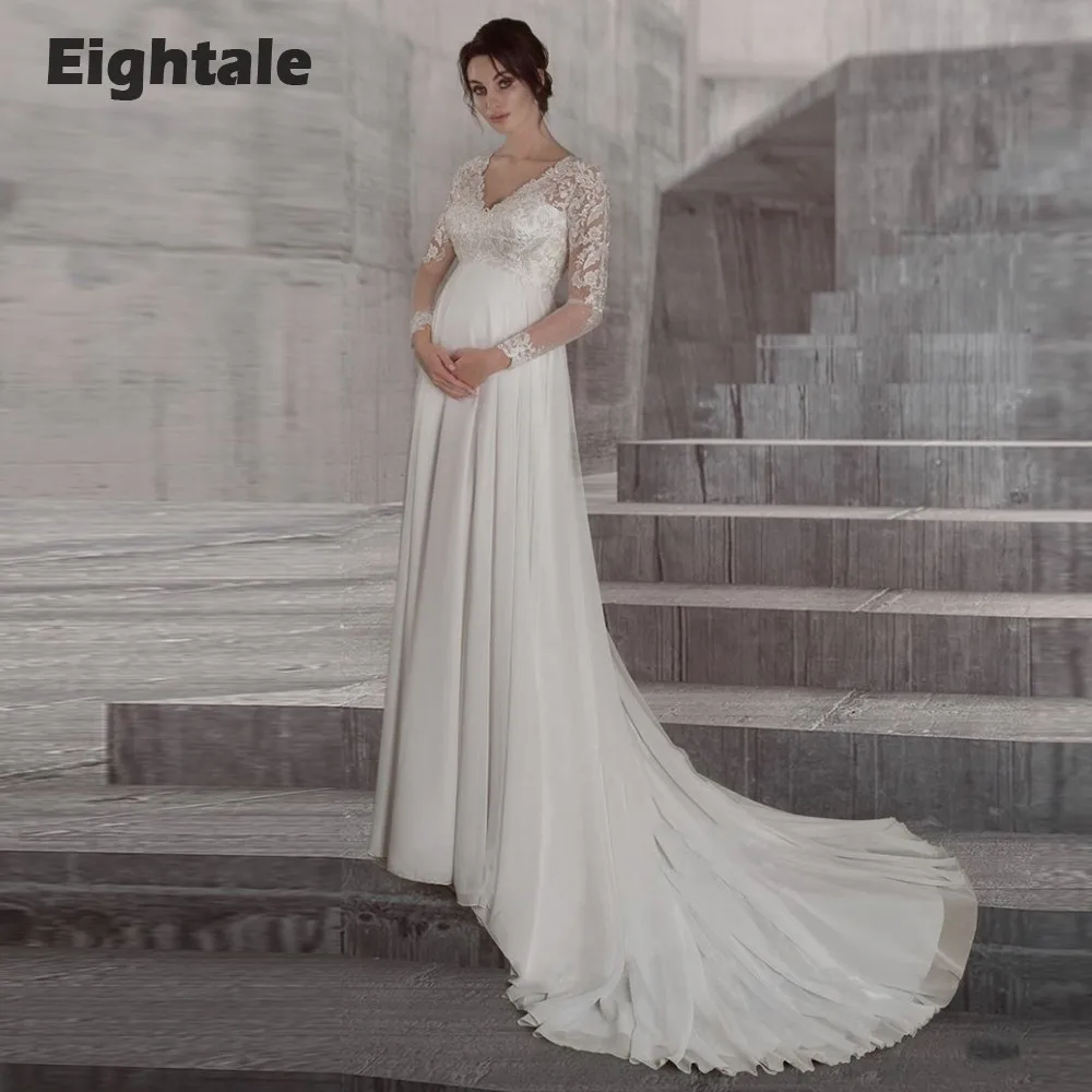 

Eightale Maternity Wedding Dress V-Neck Appliques Lace Long Sleeves Chiffon Bridal Gown for Pregnant Women vestidos para mujer