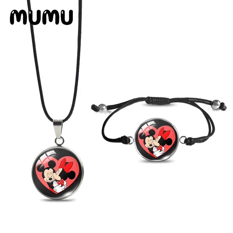 2024 neue Mickey Minnie Liebe Halskette Armband Set schwarz Seil Glas Cabochon Schmuck Sets hand gefertigte Artikel