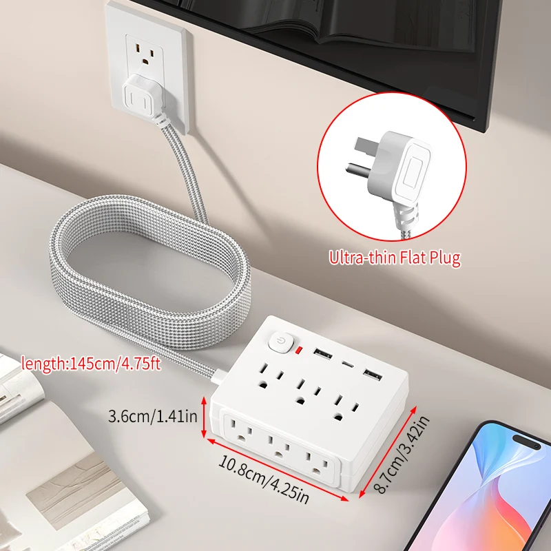 Power socket with surge protector, 6 output power plugs, 2 USB-A and 1 USB-C, with 1.45m braided wire