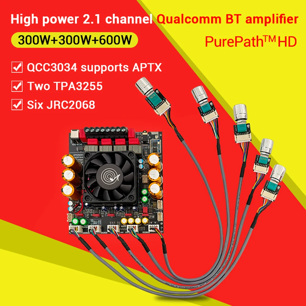 ZK-APTX3 2.1 Channel Qualcomm Bluetooth Amplifier Board 300W+300W+600W TPA3255 Subwoofer Theater Audio Stereo Equalizer Amp