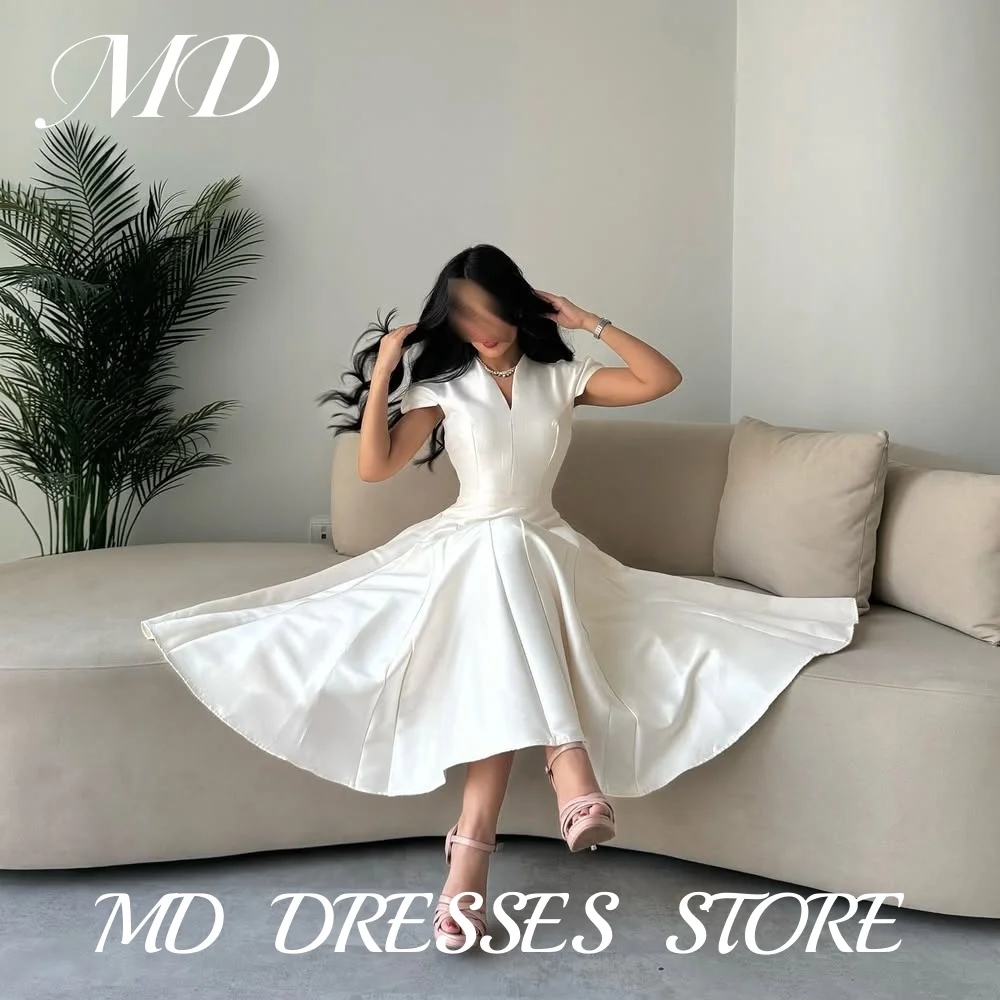 MD Simple Capped Slee A-line Evening Dress V Neck Arabic Women Tea-Length Prom Gowns Vestidos De Fiesta Customized Party Dress