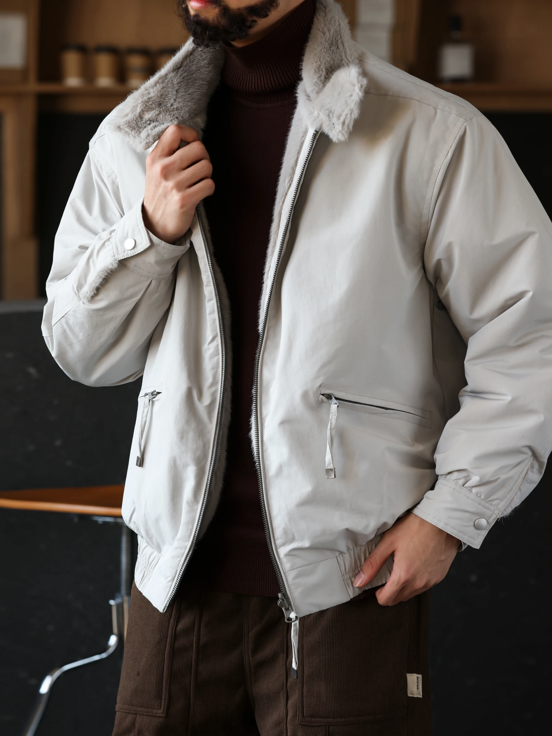 

BGYO Deer Rise American Casual Retro Fur Stand Collar Jaet Men Double Sided Wear Harlington G9 Cotton Coat Youth ular