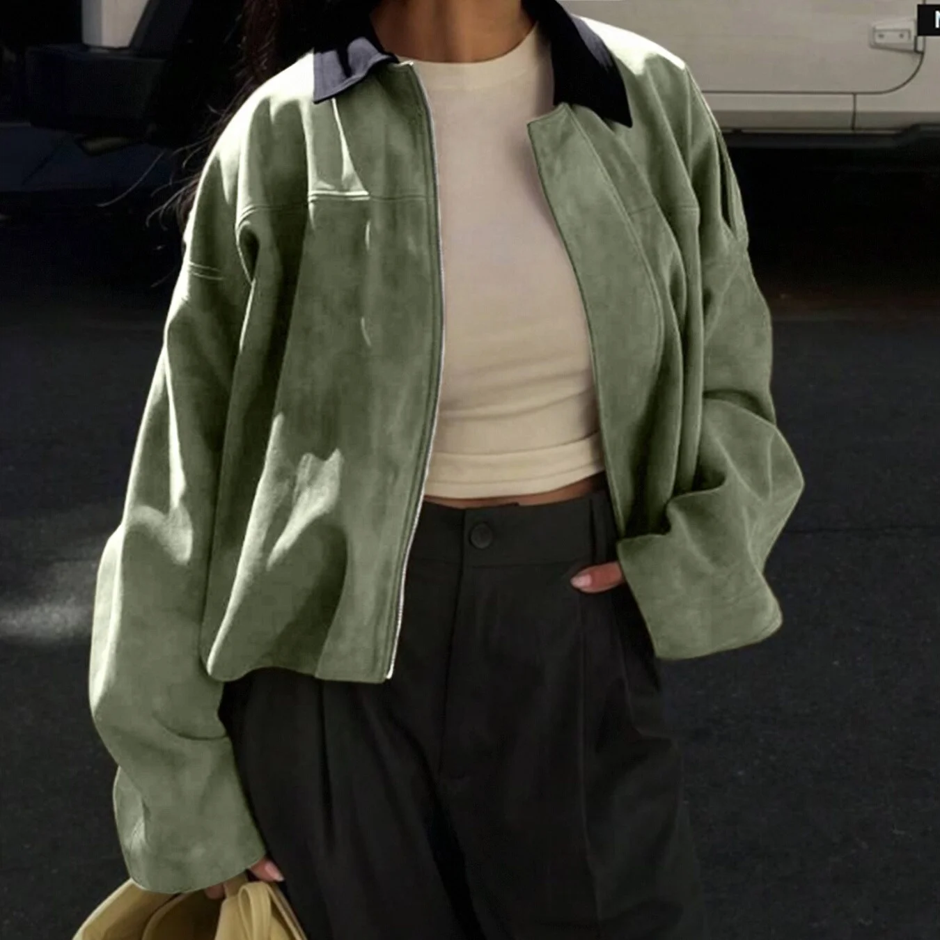 Autumn Winter Women Faux Suede Jacket Coat 2025 New Fashion Long Sleeve Zipper Loose Bomber Coat Chi