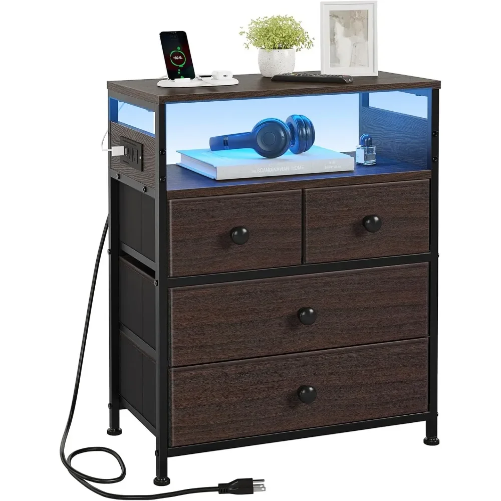 Nightstand with Charging Station, Bedside Table with 4 Drawers and 2-Tier Shelf, Modern End Table with Wooden Top for Be