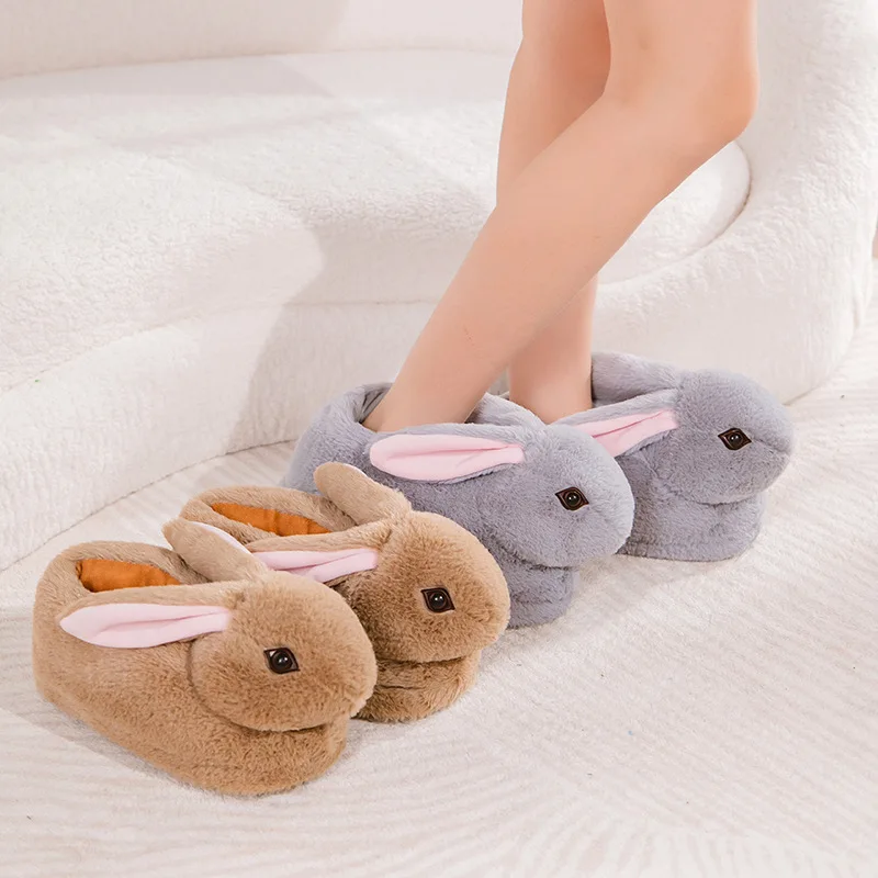 Cute Rabbit Slippers Women Cartoon Bunny Shoes Warm Faux Fur Soft Sole Girls Indoor Home Floor Slipper Funny House Footwear