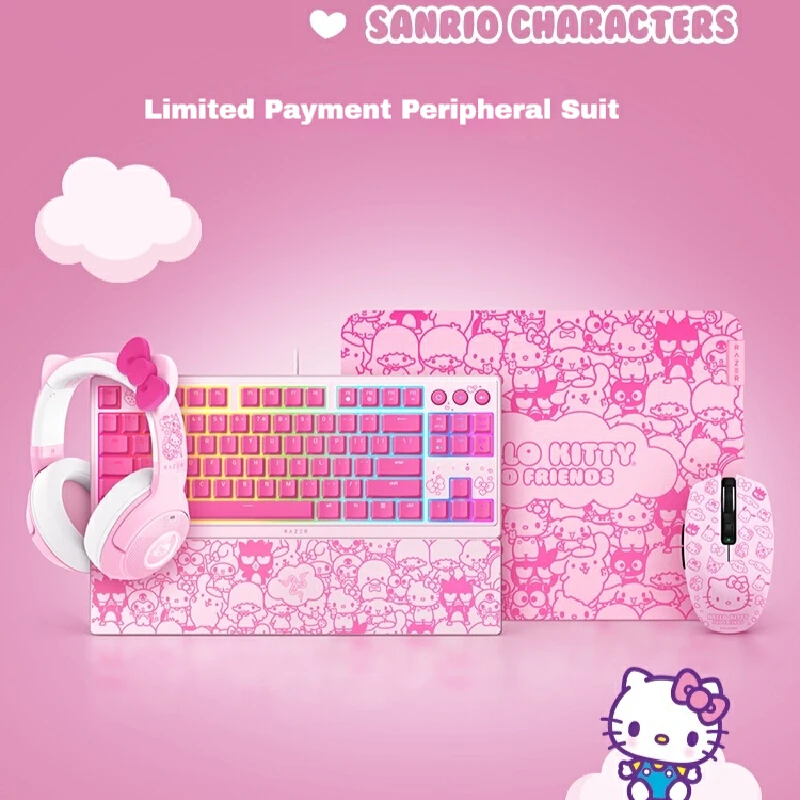 Kawaii Sanrio Hello Kitty Family Mouse Pad Keyboard Earphones Computer Game Set Hellokitty Anime Peripheral Decor Gifts For Girl