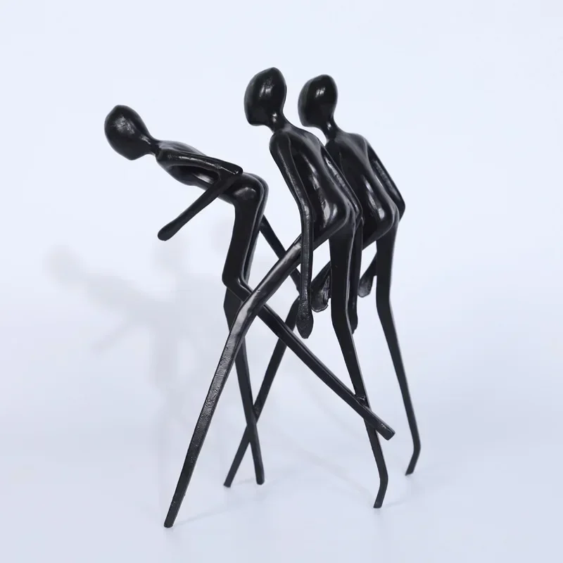 Nordic Metal Black Abstract Three People Running Sculpture Character Ornament Study Desktop Decoration Home Decor Accessories