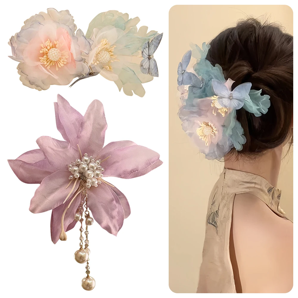 مع شرابات اللؤلؤ زهرة مشبك شعر الانفجارات الجانبية كليب إكسسوارات الشعر مخلب الشعر مناسبة عطلة الشاطئ الأطراف الرومانسية