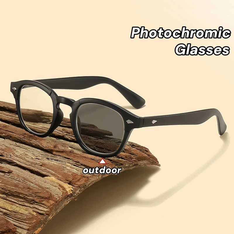 

Retro Round Frame Photochromic Plain Glasses Trendy Outdoor Travel Sunshade Eyeglasses Anti Blue Lighr Color Changes Sunglasses